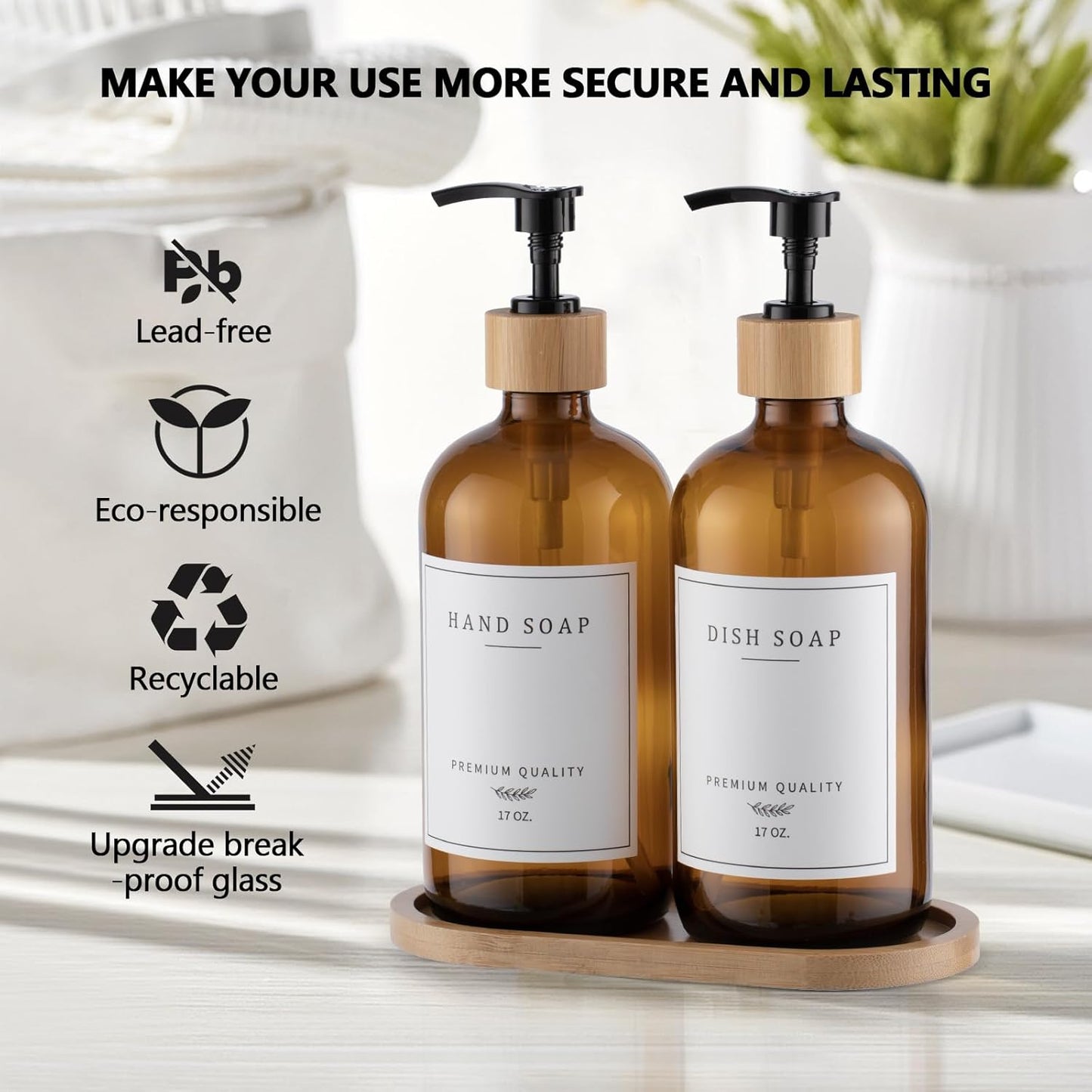 Amber Glass Soap Dispenser - Dish Hand Soap Dispenser for Kitchen Set, Soap Lotion Dispenser Bathroom with Sturdy Pump and Tray, 14 Waterproof Labels,Refillable Dispenser-Amber