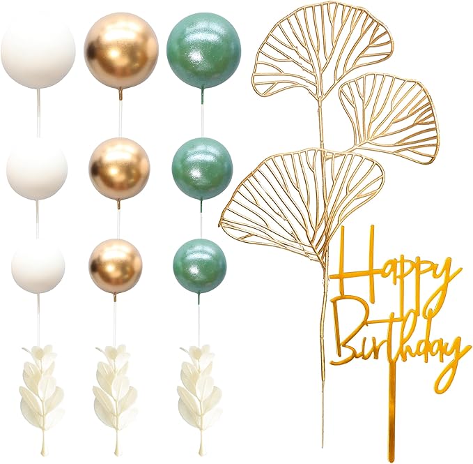 Gyufise 57Pcs Balls Cake Topper Boho Grass Cake topper Pearl Balls Acrylic Happy Birthday Cake Decorations for Wedding Baby Shower Birthday Boho Themed Party Supplies Pearl Green
