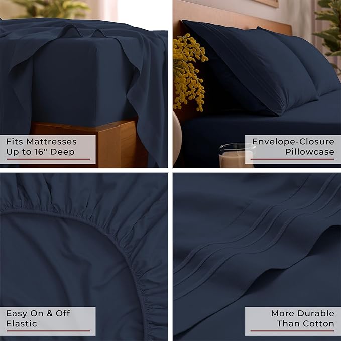 Mellanni Queen Sheets Set - 4 PC Iconic Collection Bedding - Hotel Luxury, Extra Soft, Cooling Bed Sheets - Wrinkle, Fade, Stain Resistant (Queen, Navy Blue)