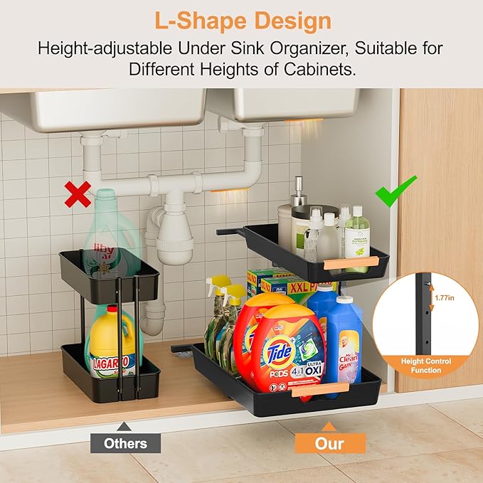 2 Pack Under Sink Organizer Pull 0ut, 3 Height Adjustable Under Kitchen Sink 0rganizer and Storage Black, 2 Tier Double Sliding Drawer Cabinet Organizer for Kitchen Bathroom Pantry