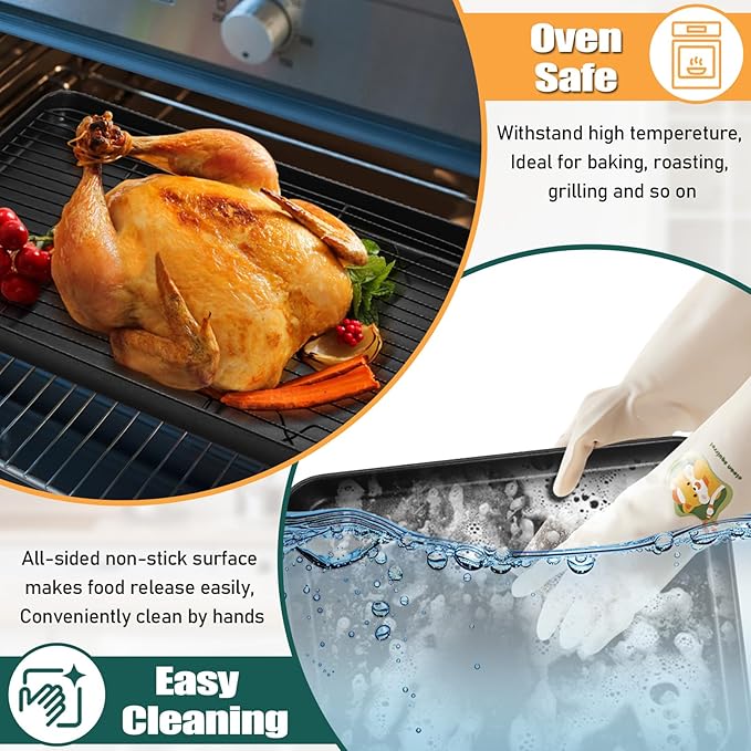 P&P CHEF Baking Oven Sheet Pan with Rack for Cookie, Nonstick Oven Tray and Cooling Rack for Baking & Roasting, Easy Clean, Black, 16 x 12 Inch