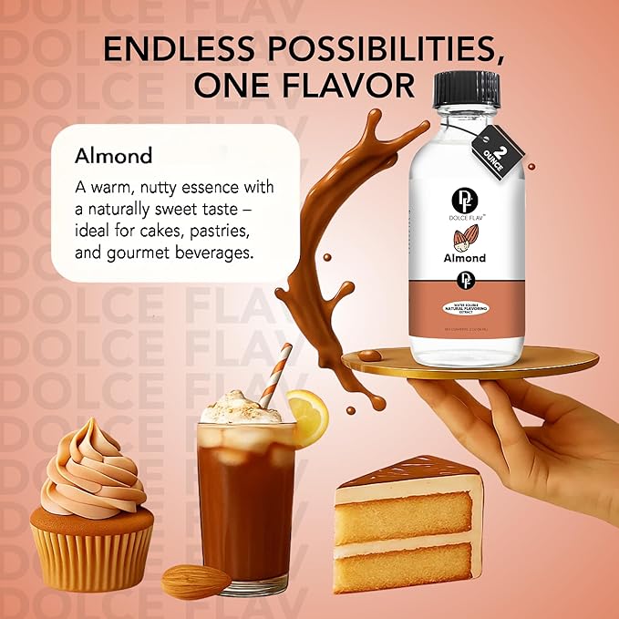 Dolce Flav Natural Almond Extract – 2 Ounce Water-Soluble Kosher, Sugar-Free, Concentrated Pure Almond Flavoring for Baking, Pastries & Beverages, Includes Measured Dropper