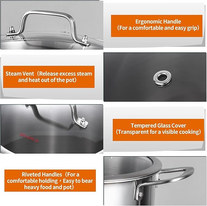 DELARLO Tri-Ply Stainless Steel Soup Pot 12QT, Tri-ply Big Pots for Cooking, 18/10 whole clad Stainless Steel Pot, Fast Even Heat, 12 QT Stock cookware with Lid, Pasta Pot, Induction Ready Up to 600℉