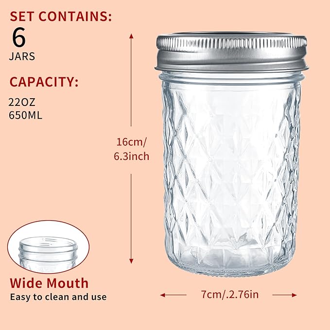 22oz/650ml Mason Jars with Airtight Lids Glass Canning Jars with Regular Lids Spice Jars Honey Jars for Yogurt,Jam,Spice,Overnight Oats Canning, Preserving,Decorations,Jelly,Dessert,6 Pack (22oz)