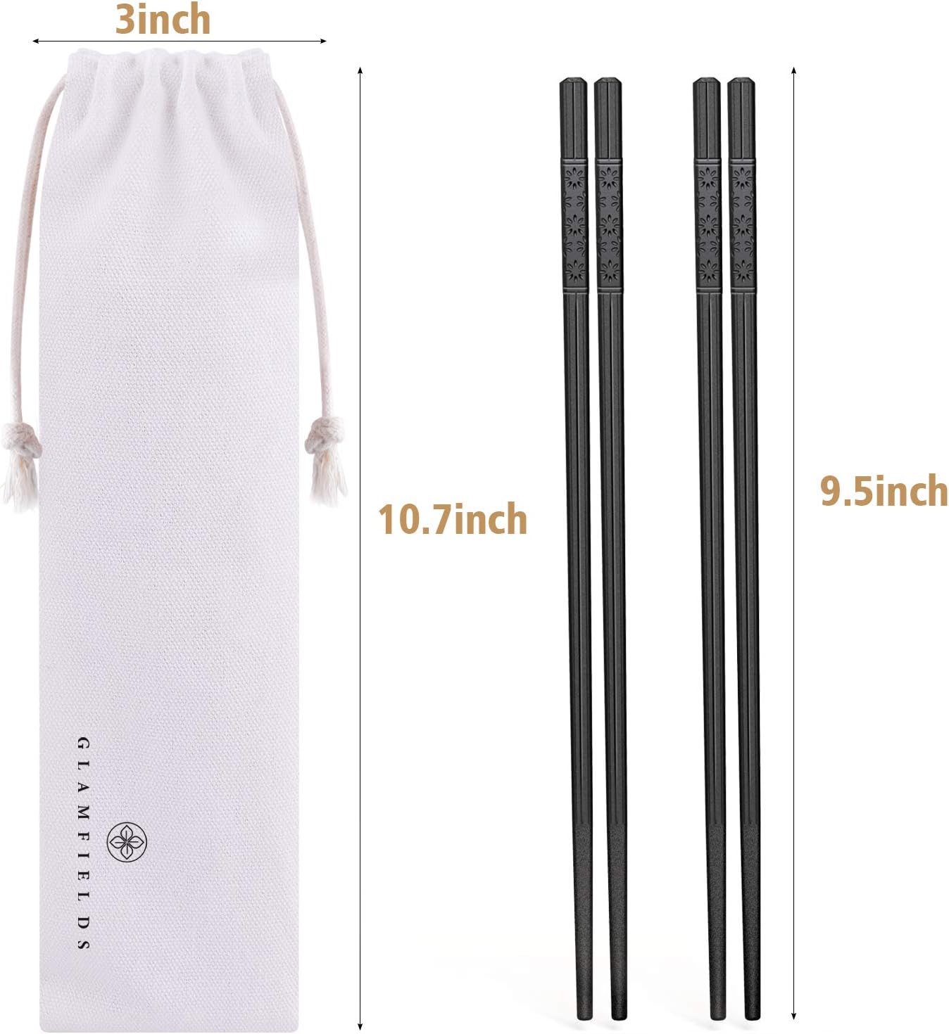 5 Pairs Fiberglass Chopsticks, GLAMFIELDS Reusable Japanese Chinese Chop sticks Dishwasher Safe, Non-slip, 9 1/2 inches - Black with Multi-purpose Drawstring Bag Carrying Case