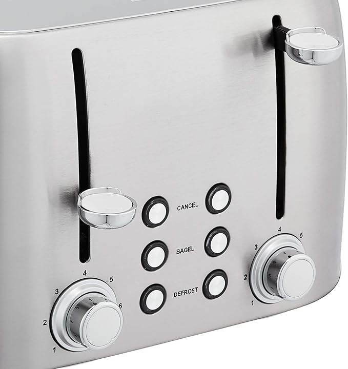 Amazon Basics 4 Slice Toaster with 6 Browning Settings, Removable Easy-to-Clean Crumb Tray, Cancel Button, 1600W, Brushed Silver