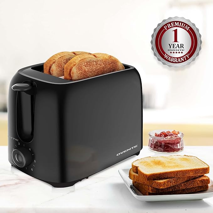 OVENTE Electric 2 Slice Toaster Machine with 6-Shade Browning Selector Setting, Compact Design and Removable Crumb Tray, 700W Power Perfect for Toasting Bread, Thin Bagels and Waffles, Black TP2210B