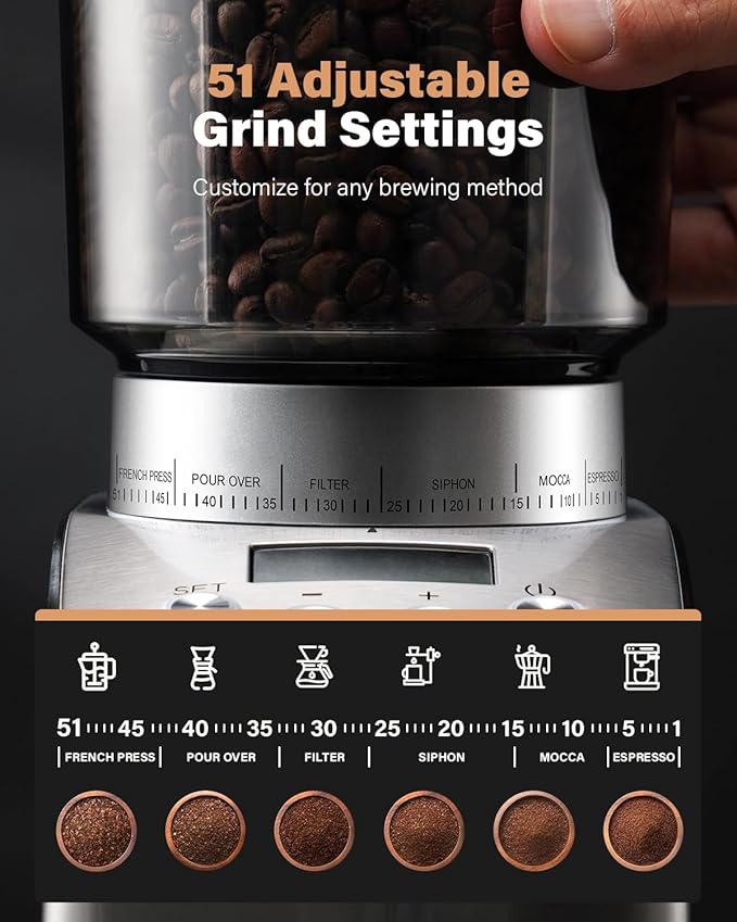 SHARDOR Conical Burr Coffee Grinder Electric, Espresso Coffee Bean Grinder with Precision Electronic Timer, Adjustable Burr Mill with 51 Precise Settings for Home Use, Stainless Steel Container