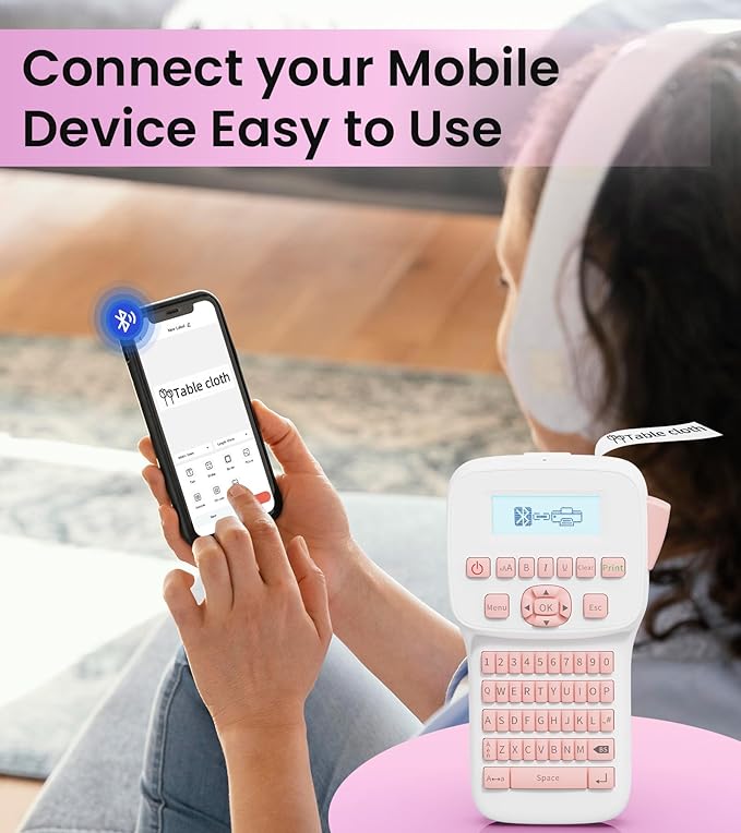 Pink Label Maker Machine with-Tape, Rechargeable Label Maker with Keyboard, Bluetooth Labeler Machine LM1600, Backlit Display, Multiple Symbol Icon Style Templates for Home Office Use