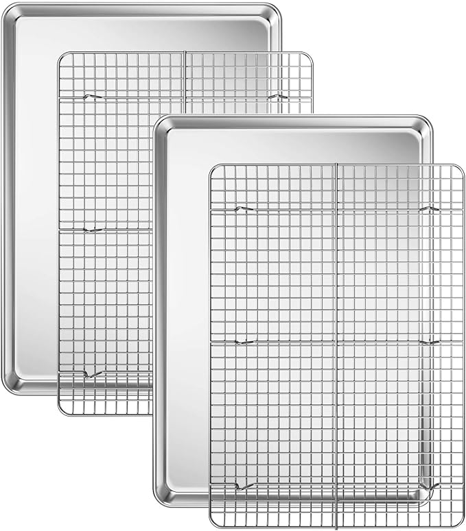 Baking Sheet with Cooling Rack Set [2 Sheets + 2 Racks], Deedro Stainless Steel Cookie Half Sheets Baking Pan Oven Tray with Rack, 17.3 x 12.3 x 1 Inch, Heavy Duty, Non-toxic, Dishwasher Safe