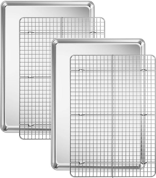 Baking Sheet with Cooling Rack Set [2 Sheets + 2 Racks], Deedro Stainless Steel Cookie Half Sheets Baking Pan Oven Tray with Rack, 17.3 x 12.3 x 1 Inch, Heavy Duty, Non-toxic, Dishwasher Safe