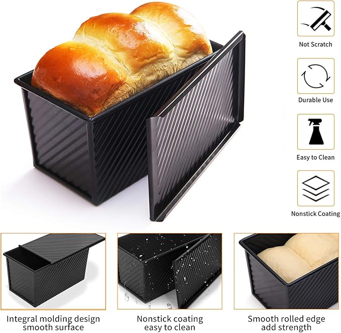 CHEFMADE Pullman Loaf Pan with Lid 2 Pcs, 1Lb Dough Capacity Non-Stick Rectangle Corrugated Bread Pan, Carbon Steel Toast Pan with Cover for Baking Bread - Black