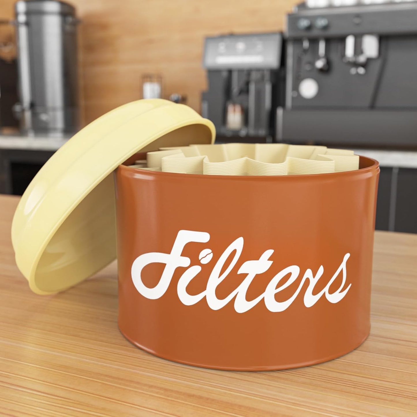 Brown Basket Coffee Filter Holder with Lid - Round Storage Container for Counter - Rustic Farmhouse Coffee Bar Accessories Decor