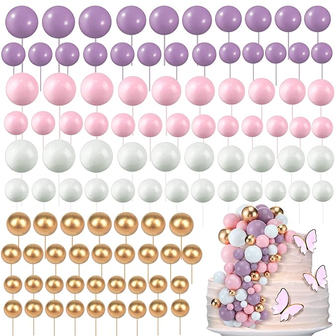 108 Pcs Balls Cake Topper DIY Cupcake Insert Foam Balloons for Cake Baking Wedding Anniversary Birthday Decoration(Pink, Purple, White, Gold,Multi Sizes)