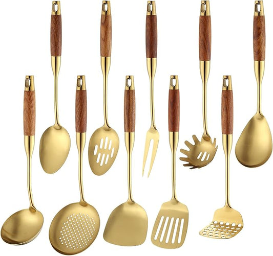 Stainless Steel Kitchen Utensils Set with Wood Handle, 18/10 Metal Cooking Utensils Set, 10-Piece - Spatula, Spoon, Ladle, Skimmer, Slotted Turners, Pasta Server, Fork, Masher(Dishwasher Safe)