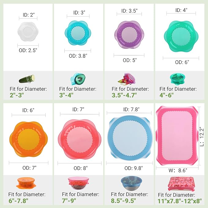Silicone Stretch Lids for Food Storage in Fridge, Reusable Elastic Bowl Covers for Cup, Cans, Jars, Round & Rectangle Container, Food Grade Silicone Microwave Food Cover, Heat-Resistant, 8PCS
