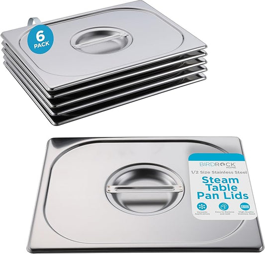 BIRDROCK HOME Stainless Steel Steam Table Pan Lids - Restaurant and Catering Supplies - 24 Gauge Steel - Perfect for Meal Prep, Cooking, and Food Storage Container - 6 Pack, Fits 1/2-Size Hotel Pans