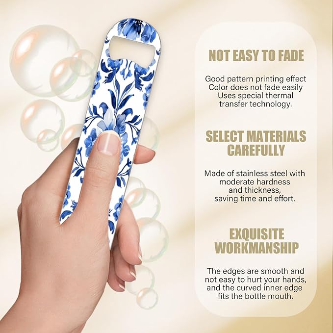 2 PACK Beer Bottle Opener, Stainless Steel Flat Bottle Openers,7 inch Metal Decor,Blue And White Hand-Painted Flower