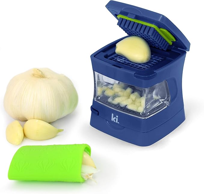 Garlic-A-Peel Garlic Press, Crusher, Cutter, Mincer, and Storage Container - Includes Silicone Garlic Peeler - Easy to Clean - Stainless Steel Blades – (Blue), standard