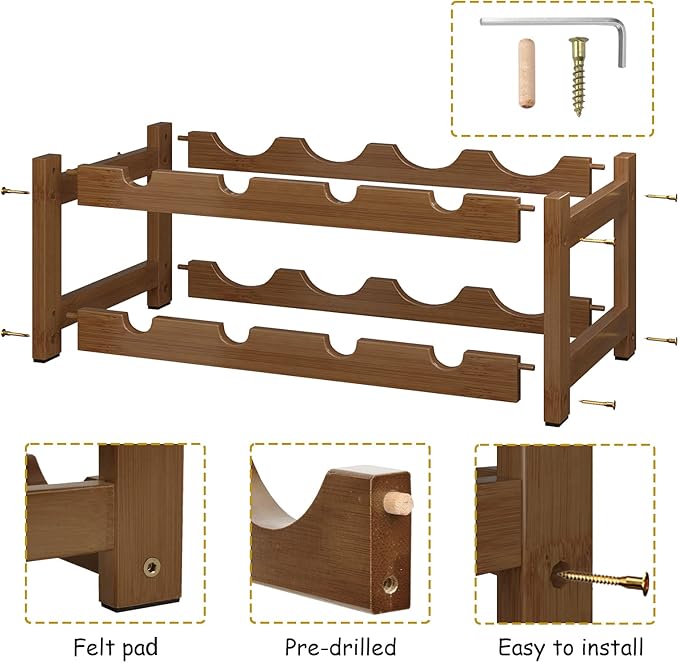 BAMEOS Bamboo Wine Rack, 2 Tier Wine Racks Countertop Storage, Wine Bottle Holder Wine Rack freestanding Floor for Kitchen, Bar, Pantry, Wine Cellar, Basement,Study，Maroon (16.85 L x 9.25W x 7H)