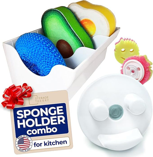 BeraTek Industries Storage Theory Sponge Daddy Caddy & Under Sink Sponge Holder Combo - Kitchen Sink Organizer Keeps Sponges Dry, Odor-Free - White, Combo Pack