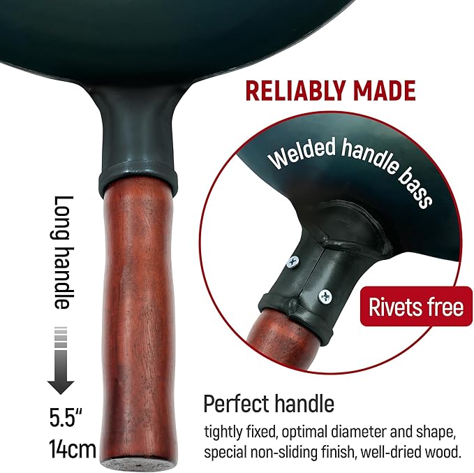 Carbon Steel Wok Traditional Hand Hammered Wok,14 Inch,Round Bottom(Roasted Blue)