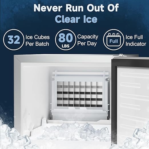15" W Commercial Under Counter Ice Maker Machine, 80 Lbs/Day, 30 Lbs Storage, Auto-Cleaning, Stainless Steel Built-in Freestanding Ice Maker for Home Bar Restaurant Outdoor