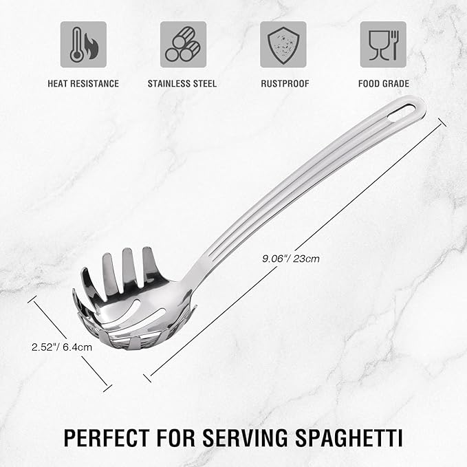 Stainless Steel 9.06 inch Spaghetti Server Spoon with Teeth - Pasta Fork Pasta Server Noodle Spoon Heavy Duty Cooking Utensils Classic Dishwasher Safe