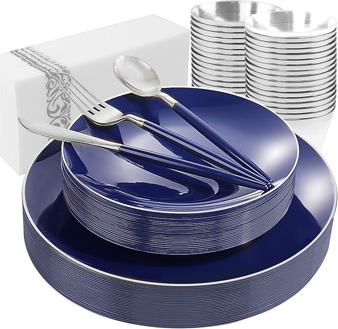 KIRE 175Pcs Blue Plastic Plates with Silver Rim & Disposable Silverware with Blue Handle & Silver-rim Cups & Hand Napkin & Plastic Dinnerware for Parties/Wedding