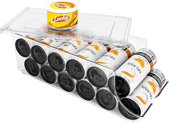 Skinny Can Organizer for Refrigerator, Stackable Tall Skinny Soda Pop Can Holder Dispenser with Lid for Fridge Pantry Rack Freezer, Clear Plastic Storage Bins-Holds 12 Slim Cans (See-through)