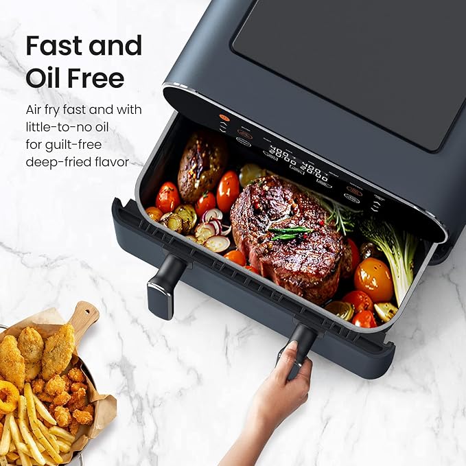 11-QT Large Air Fryer - 8 in 1 XL Airfryer with Flex Basket, Divider for Dual Cooking, Preheat, Air Fry, Roast, Broil, Bake, Reheat, Dehydrate, French Fries Dishwasher Safe, Gray