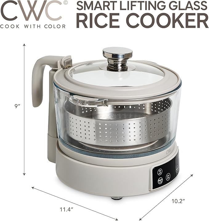 COOK WITH COLOR 3L Glass Low Carb Rice Cooker - Makes 6 Cups Low Sugar Rice with Auto Lift Filter Basket, Hotpot & Steamer for Rice, Grains and Oats, Digital Panel with Keep Warm Function, Sand