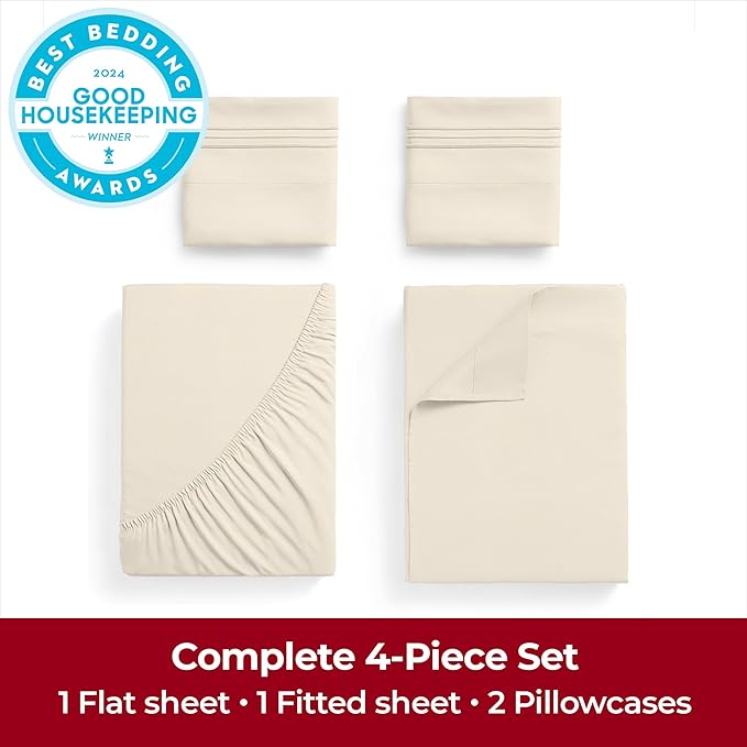 Mellanni Extra Deep King Sheets - 4 PC Iconic Collection Bedding - Hotel Luxury, Ultra Soft, Cooling Bed Sheets - Wrinkle, Fade, Stain Resistant (King, Golden Ivory)