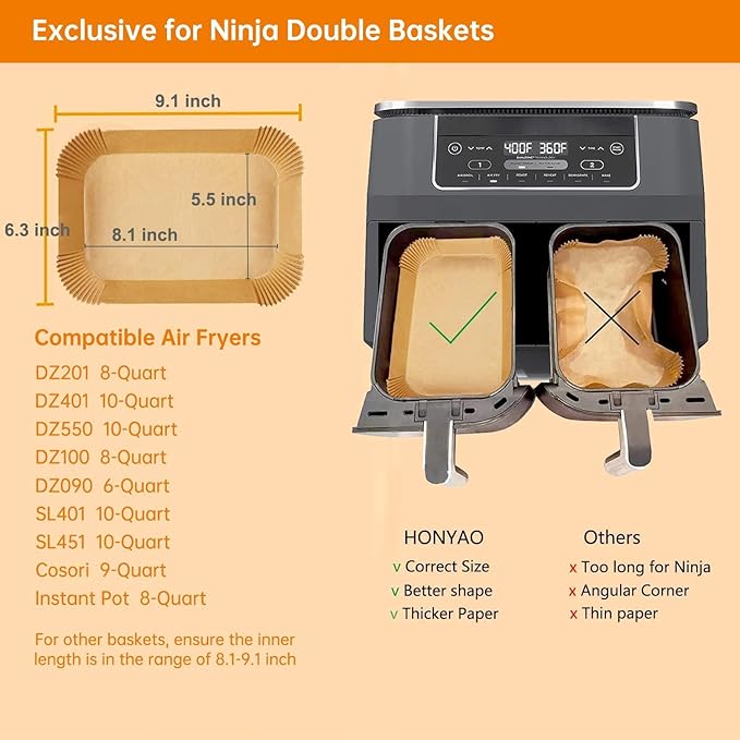 Air Fryer Paper Liners for Dual Zone Airfryer, 200pcs 8.1x5.5 inch Rectangle Disposable Inserts for Ninja Foodi DZ201 DZ401 DZ550 other 8-10 qt 2-Basket Air Fryers, Food Grade BPA Free