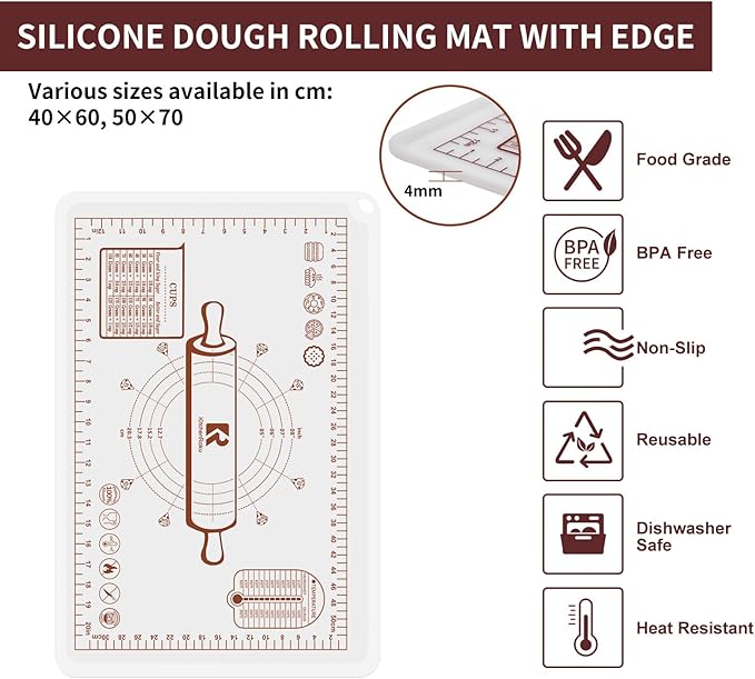 Silicone Baking Mat, Extra Thick Dough Rolling Pad with Measurements and Edge Heightening, Non-stick Food Grade Silicone Pastry Mat for Pastry, Bread, Cookies (Transparent, 20"L x 28"W)