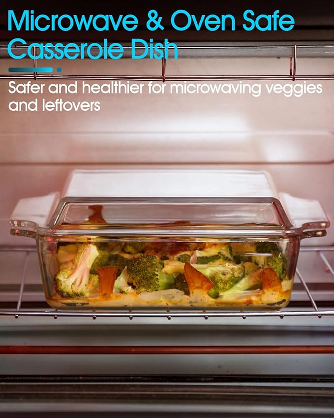 NUTRIUPS 8.5in x 8.5in Square Baking Dish Pans Glass Bakeware Glass Microwave Casserole Dish with Lid and Handles Microwave, Dishwasher, and Oven Safe Cookware