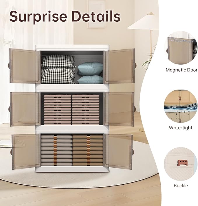 YUFER 3 Tier Box Plastic Stackable Folding Storage Bins with Lids and Doors,360/480 QT Open Front Storage Bins Organizers for Bedroom Clothes - 1 Box 120 QT White