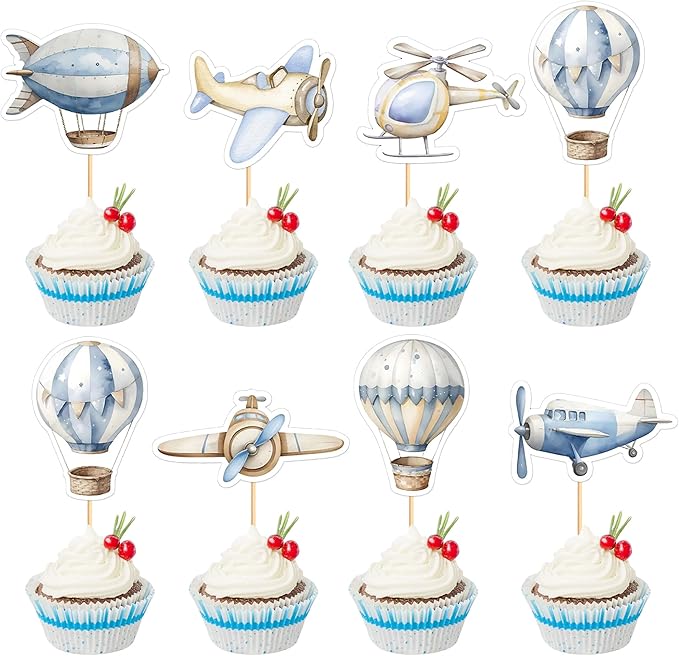 35PCS Airplane Cupcake Toppers Hot Air Balloon Helicopter Travel Themed Party Decorations Baby Shower Kids Boys Girls Birthday Party Cake Decorations Supplies