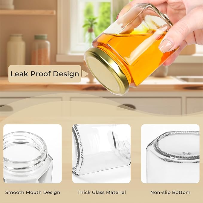 6 oz Hexagon Glass Jars with Gold Lids, 30 Pcs Canning Jars for Jam, Honey, Jelly, Candy, Candle, Wedding Favors, Baby Shower Favors, Spice Jars Crafts with Stickers and Pen for Labeling