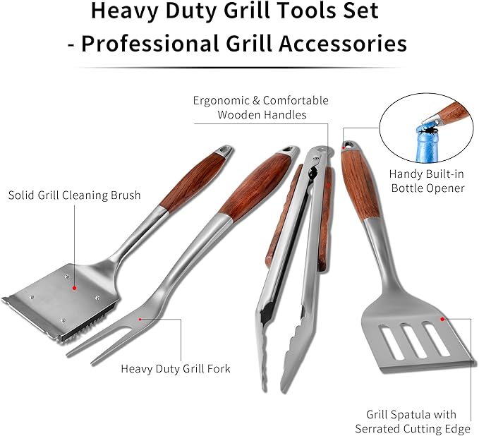 FJNATINH Heavy-Duty Grilling Accessories Rose Wooden BBQ Grilling Tools Set,Outdoor Grill Set with Spatula, Fork, Brush & Tongs,Essential Accessories for Barbecue & Grill. Ideal Gift for Men