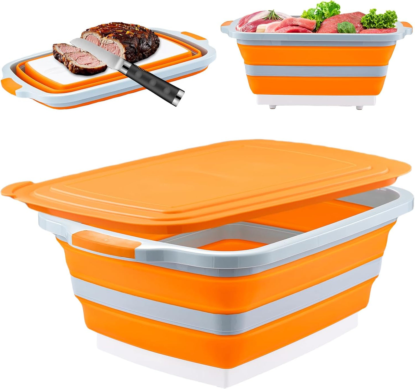 Collapsible BBQ Prep Tub with Cutting Board & Lid – 7.95 Gal / 30L Space-Saving Food Container – BPA-Free Heavy-Duty Plastic, Dishwasher Safe with Drain Hole – Offset Smoker, Backyard & Grilling