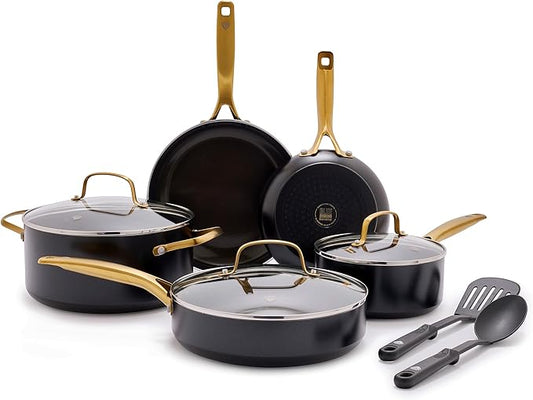 Blue Diamond Gold 10 Piece Cookware Pots and Pans Set, Induction Suitable, Diamond Infused PFAS-Free Ceramic Nonstick, Durable, Metal Utensil Safe, Dishwasher Safe, Gold Handle, Black