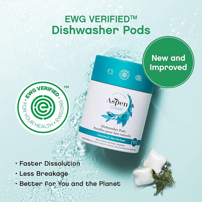Unscented Dishwasher Pods by AspenClean, Dye-Free, Zero Plastic, Vegan, Eco-Friendly, Natural Dishwasher Detergent, EWG Verified™ - 28 Count (3 Pack)