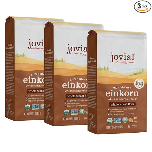 Jovial Organic Einkorn Whole Wheat Flour - Bread Baking Flour for Sourdough, High Protein, Non-GMO, Organic Pizza & Pasta Flour, European Italian Flour, Glyphosate Free - 32 Oz, 3 Pack