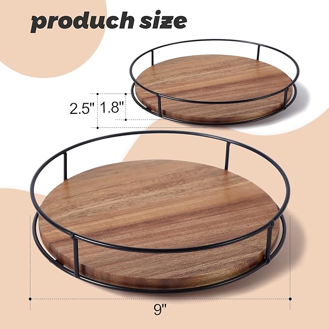 9" Acacia Wood Lazy Susan Turntable, Tomoaza Kitchen Organizer Turntable with Steel Sides, 360 Degree Lazy Susan for Countertop Cabinet or Dining Table