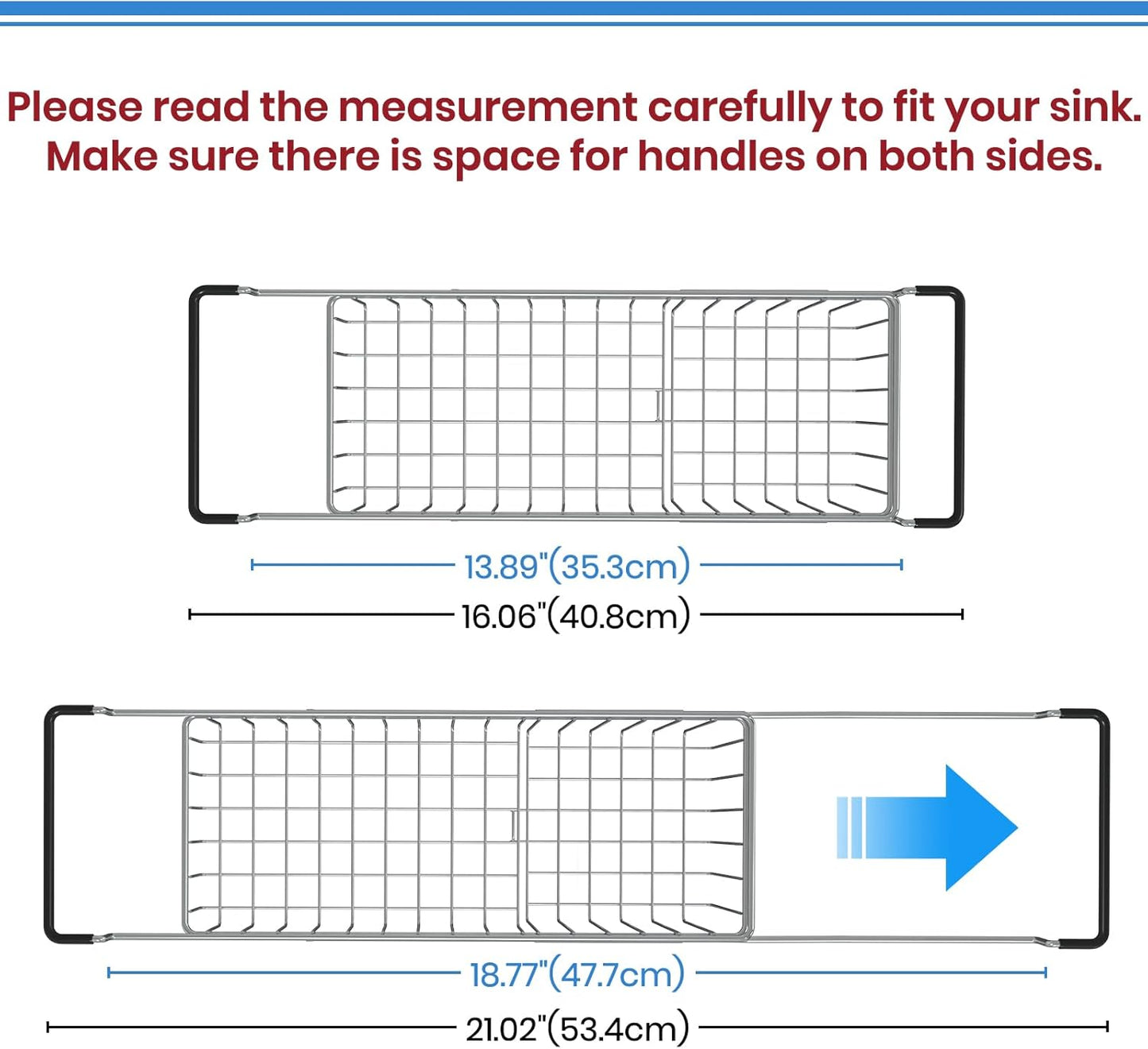Sink Caddy Sponge Holder Kitchen Sink Organizer Sponge Caddy Expandable 16.06" to 21.02" Farmhouse In-sink Accessories for Rag Detergent Brush Dish Washing Liquid Rack, Stainless Steel