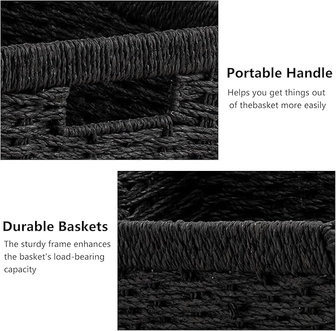 UBBCARE 2 Pack Wicker Basket, 13.4L×8.3H×7.1W inch Woven Paper Rope Storage Baskets for shelves, Foldable Rectangular Storage Baskets with Handle, Storage Basket for Organizing, Black