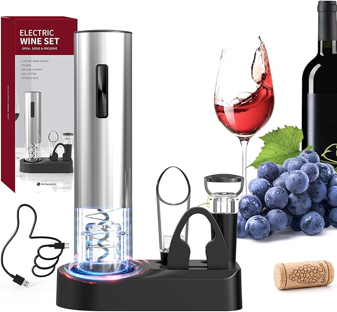 CIRCLE JOY 5-in-1 Electric Wine Opener Set Rechargeable Stainless Steel Automatic Corkscrew Wine Bottle Opener Set with Foil Cutter, Wine Aerator Pourer, Vacuum Wine Stopper and Storage Base, Silver