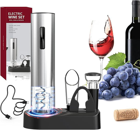 CIRCLE JOY 5-in-1 Electric Wine Opener Set Rechargeable Stainless Steel Automatic Corkscrew Wine Bottle Opener Set with Foil Cutter, Wine Aerator Pourer, Vacuum Wine Stopper and Storage Base, Silver