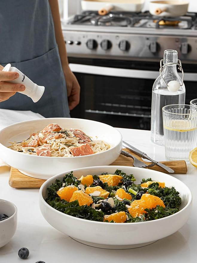 DOWAN Pasta Bowls, 65 oz Large Salad Bowls Set of 2, 10'' Serving Bowls for Wedding, Ceramic Shallow Bowl Plates, Serving Dishes for Entertaining, Microwave Dishwasher Safe